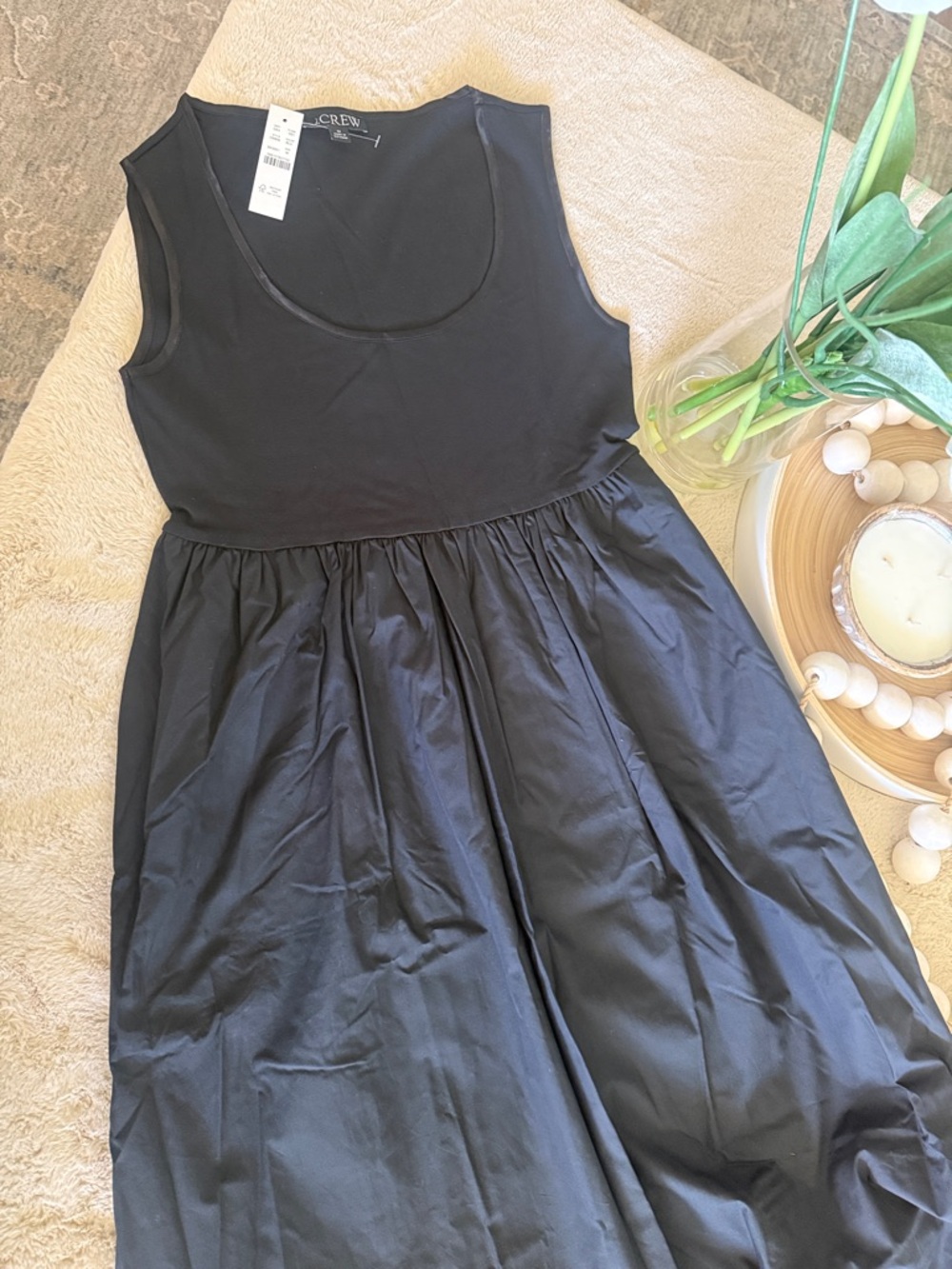 J. Crew Black Sleeveless Scoop-Neck Midi Dress with Gathered Waist